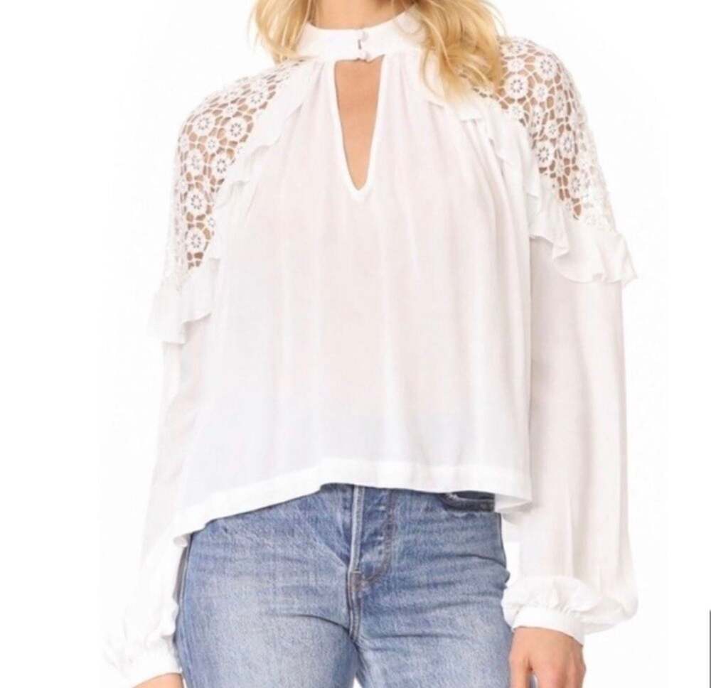 Free People Little Bit of Love White Lace Shoulder Ruffle Flowy Blouse Top Small